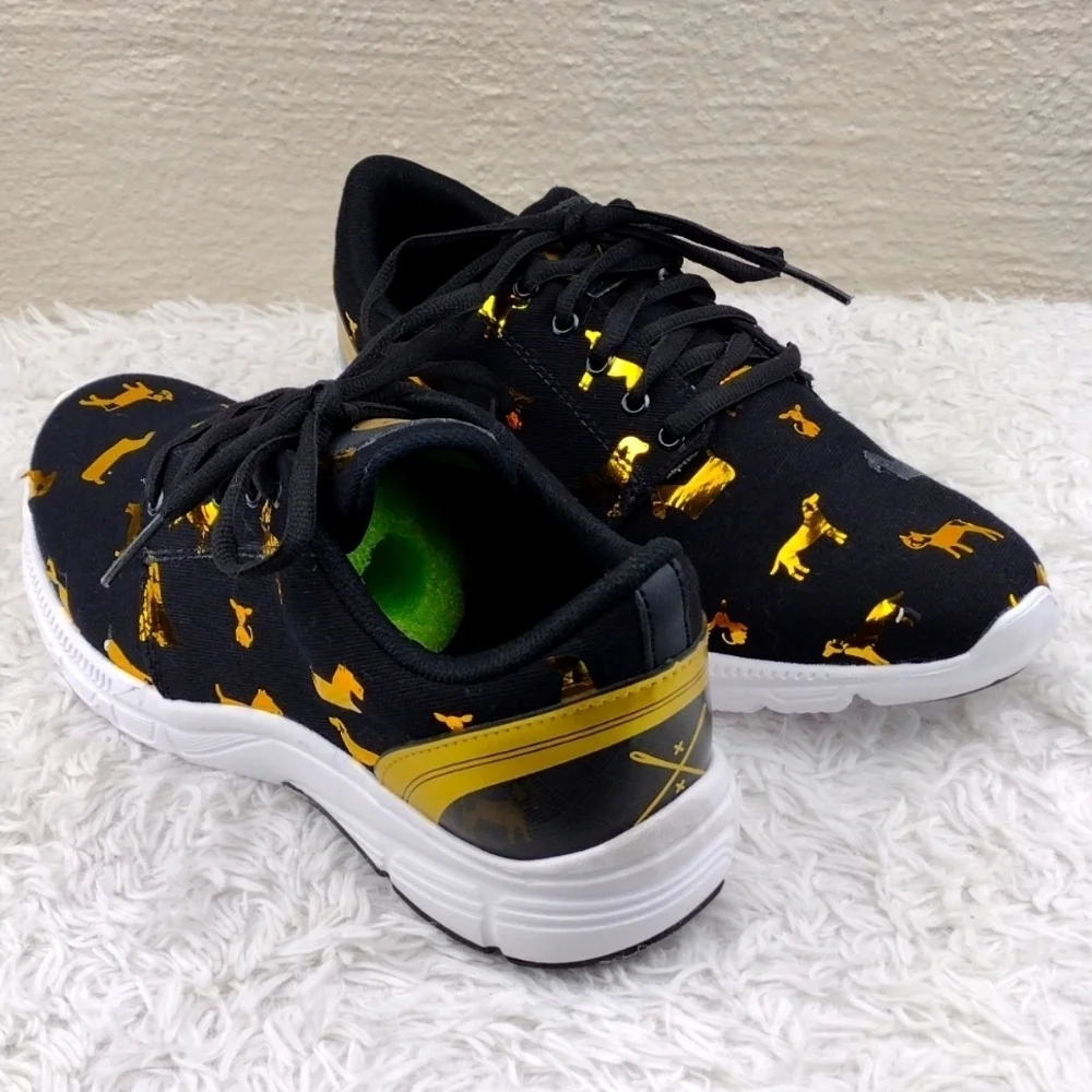 Inkkas FlexAires Black Gold Puppy  DesignCanvas Round Toe Lace Up Sneaker Shoe